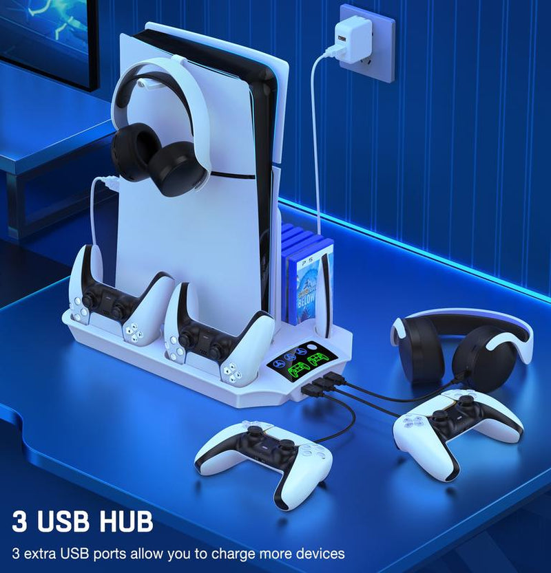 PS5 Stand for PS5 Slim Disc Digital, PS5 Cooling Station and Controller Charging Station for Playstation 5 Accessories with 3 Levels Cooling Fan, 3 USB Hub, Headset Holder, 13 Game Slots, Media Slot