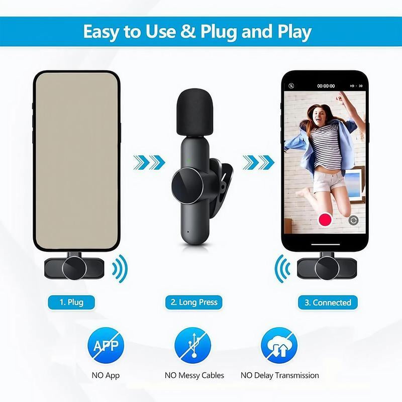 Wireless Lavalier Microphone, USB Rechargeable Portable Mini Microphone, Professional Wireless Microphone for Video Recording, Interview, Live Streaming