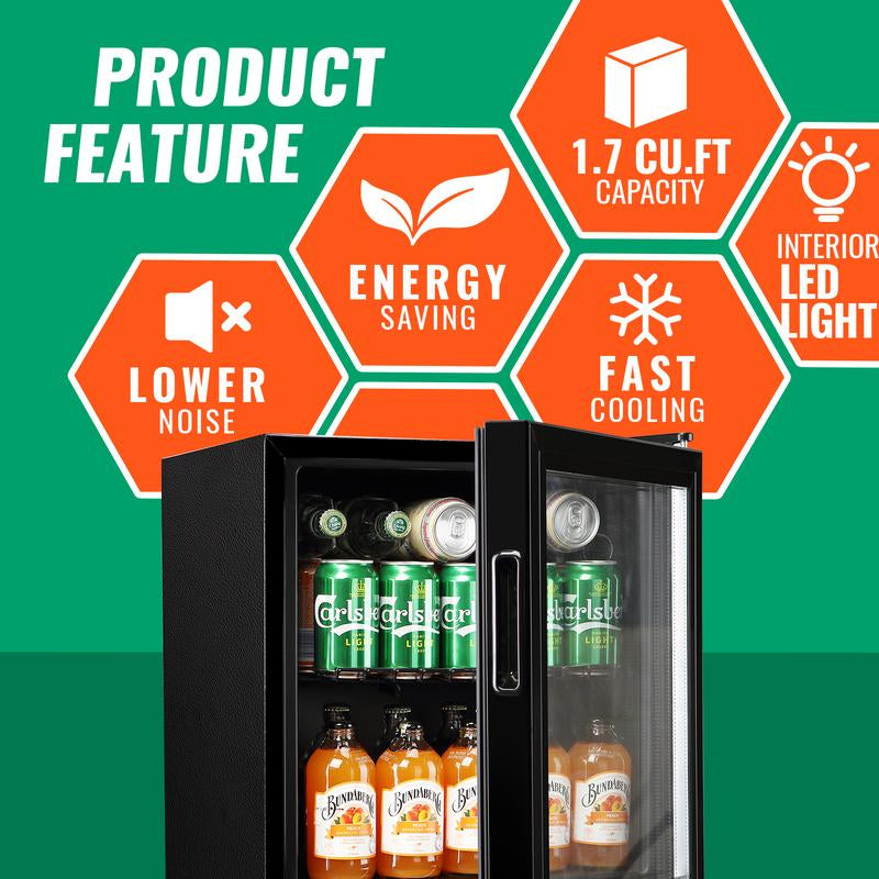 WANAI Mini Fridge Glass Door 58 Cans Beverage Cooler Refrigerator Mini Beer Fridge 1.7 Cu.Ft Organizer for Drinks Soda Wine Small Refrigerator with Blue LED for Home Office Dorm