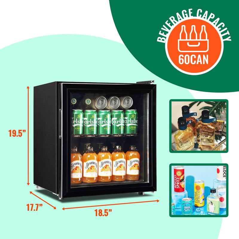 WANAI Mini Fridge Glass Door 58 Cans Beverage Cooler Refrigerator Mini Beer Fridge 1.7 Cu.Ft Organizer for Drinks Soda Wine Small Refrigerator with Blue LED for Home Office Dorm