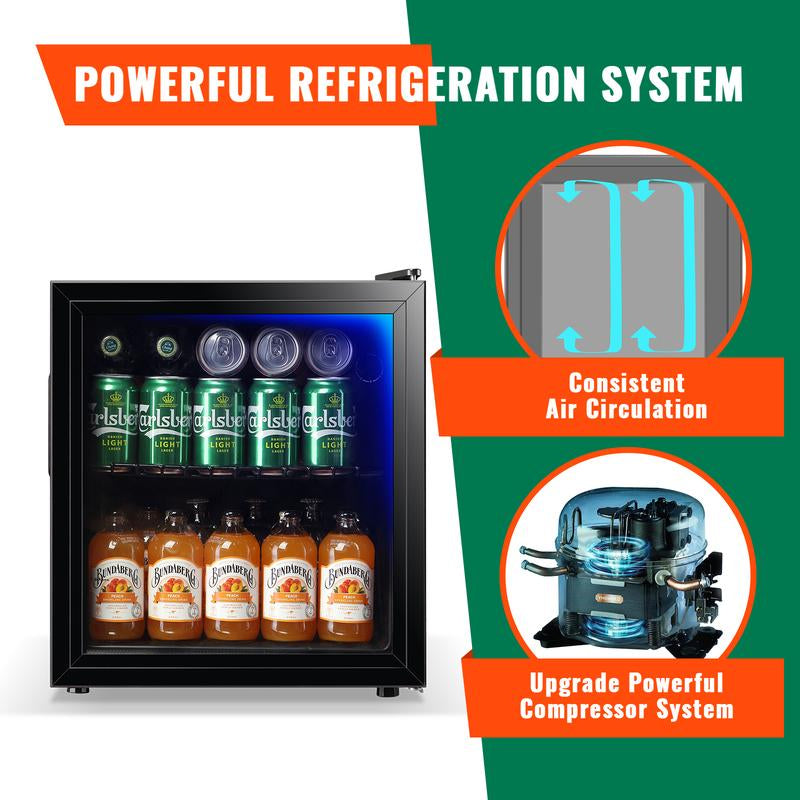 WANAI Mini Fridge Glass Door 58 Cans Beverage Cooler Refrigerator Mini Beer Fridge 1.7 Cu.Ft Organizer for Drinks Soda Wine Small Refrigerator with Blue LED for Home Office Dorm