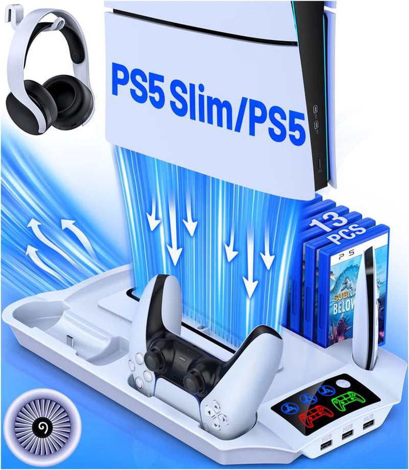 PS5 Stand for PS5 Slim Disc Digital, PS5 Cooling Station and Controller Charging Station for Playstation 5 Accessories with 3 Levels Cooling Fan, 3 USB Hub, Headset Holder, 13 Game Slots, Media Slot
