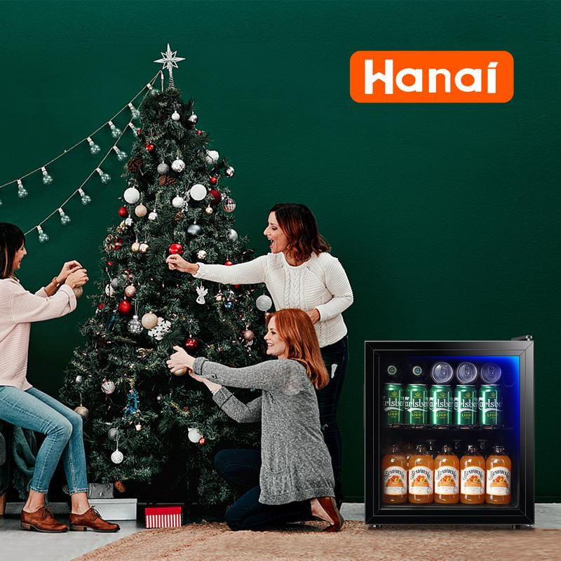 WANAI Mini Fridge Glass Door 58 Cans Beverage Cooler Refrigerator Mini Beer Fridge 1.7 Cu.Ft Organizer for Drinks Soda Wine Small Refrigerator with Blue LED for Home Office Dorm