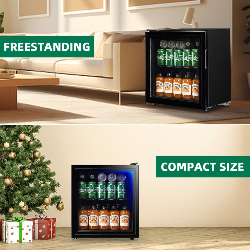 WANAI Mini Fridge Glass Door 58 Cans Beverage Cooler Refrigerator Mini Beer Fridge 1.7 Cu.Ft Organizer for Drinks Soda Wine Small Refrigerator with Blue LED for Home Office Dorm