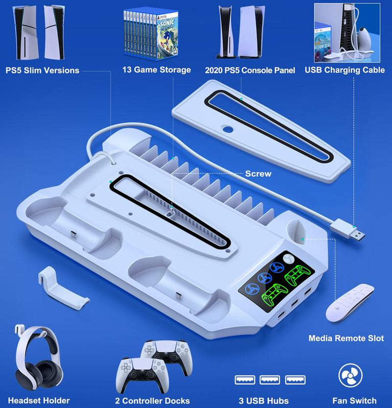PS5 Stand for PS5 Slim Disc Digital, PS5 Cooling Station and Controller Charging Station for Playstation 5 Accessories with 3 Levels Cooling Fan, 3 USB Hub, Headset Holder, 13 Game Slots, Media Slot