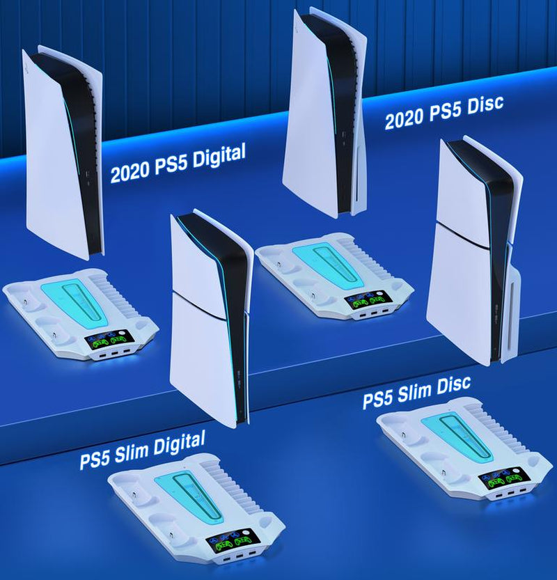 PS5 Stand for PS5 Slim Disc Digital, PS5 Cooling Station and Controller Charging Station for Playstation 5 Accessories with 3 Levels Cooling Fan, 3 USB Hub, Headset Holder, 13 Game Slots, Media Slot