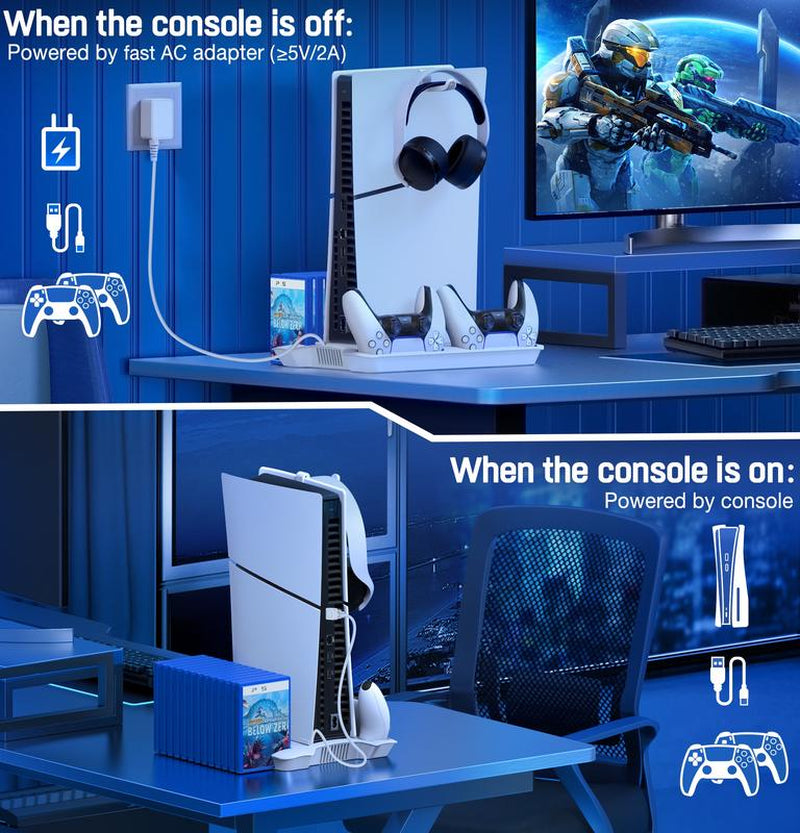 PS5 Stand for PS5 Slim Disc Digital, PS5 Cooling Station and Controller Charging Station for Playstation 5 Accessories with 3 Levels Cooling Fan, 3 USB Hub, Headset Holder, 13 Game Slots, Media Slot