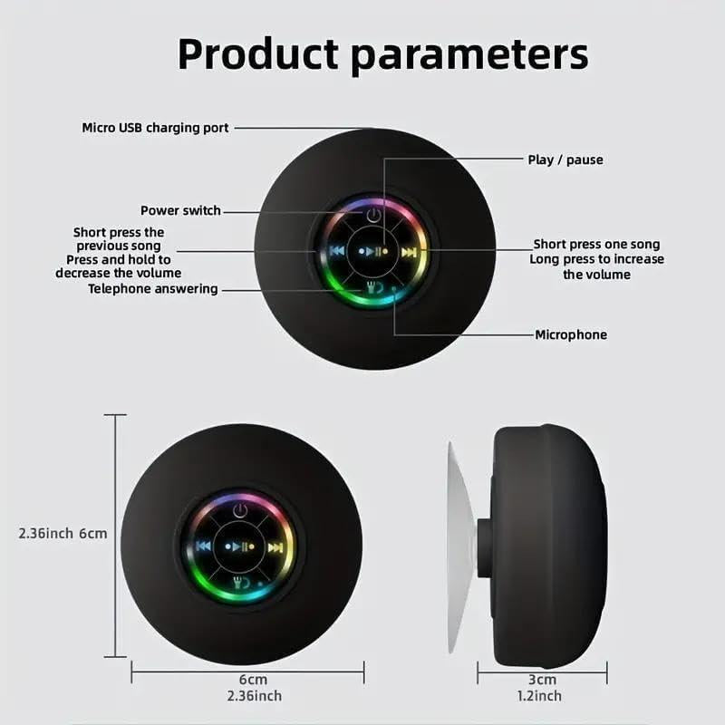 Waterproof Speaker, Portable Suction Cup Speaker with LED Light, Rechargeable Bluetooth-Compatible Speaker for Home, Bathroom, Outdoor