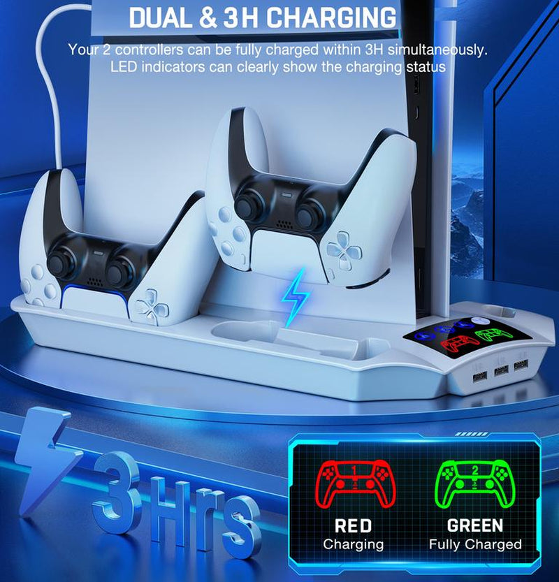 PS5 Stand for PS5 Slim Disc Digital, PS5 Cooling Station and Controller Charging Station for Playstation 5 Accessories with 3 Levels Cooling Fan, 3 USB Hub, Headset Holder, 13 Game Slots, Media Slot